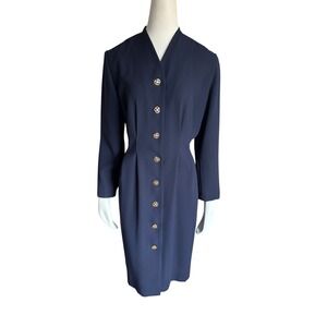 Vintage Navy Blue Button‎ Front Dress Long Sleeve Modest Career Work